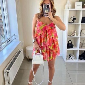 Zara Pink & Yellow Floral Tiered Mini Dress